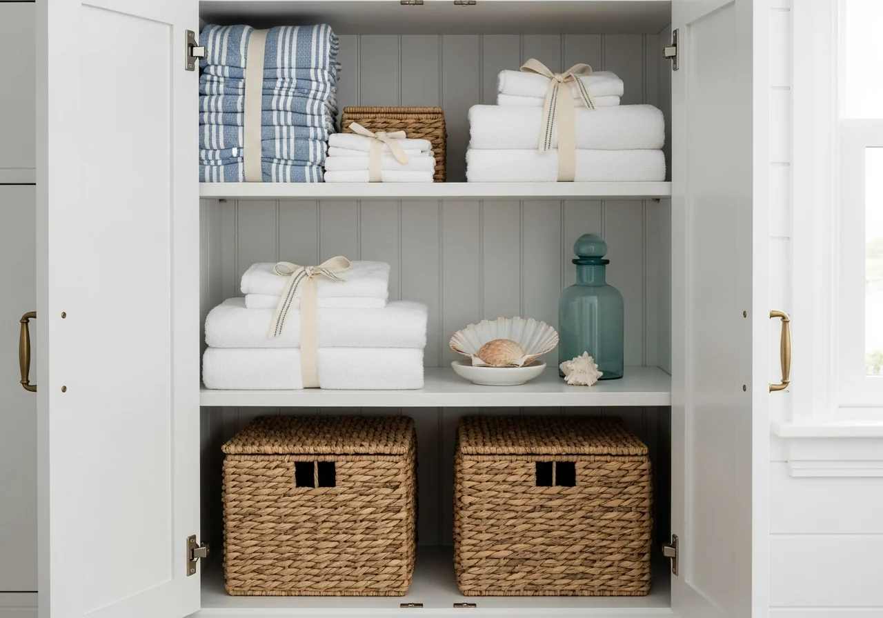 A neatly organised linen cupboard with folded white and sage towels stacked by size, simple labels on the shelf edges, and a lavender sachet — the calm, zoned result the organisation bundle delivers.