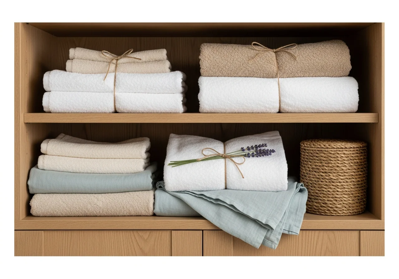 A pale oak linen cupboard with neatly folded stacks of white and oatmeal bath towels tied with twine, folded sea-glass-blue linens and a small woven seagrass basket — calmer, more functional linen storage.