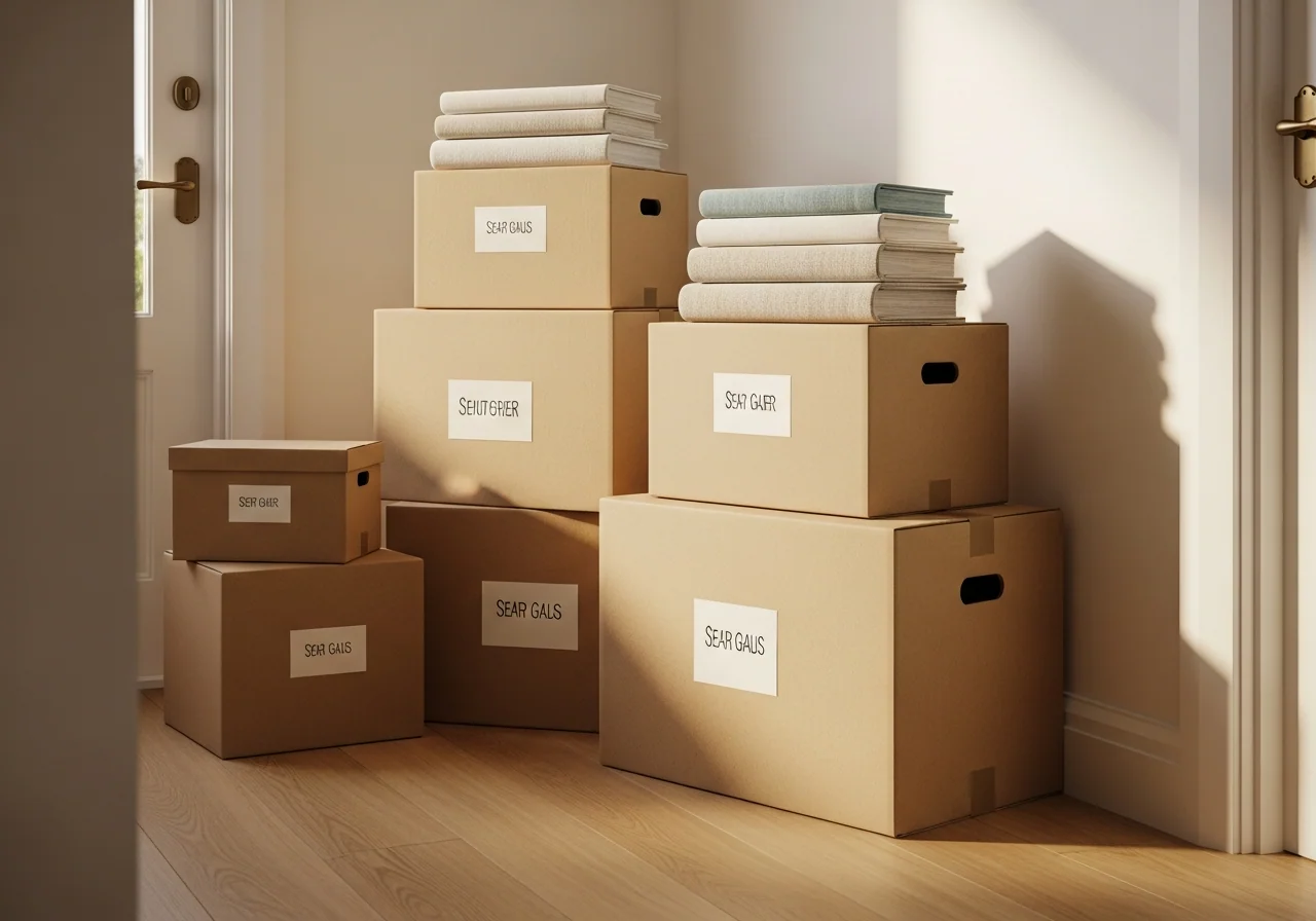 Neatly stacked and labelled moving boxes lined up along a bright hallway with a clipboard checklist resting on top — the organised, calm move the planner is designed to deliver.