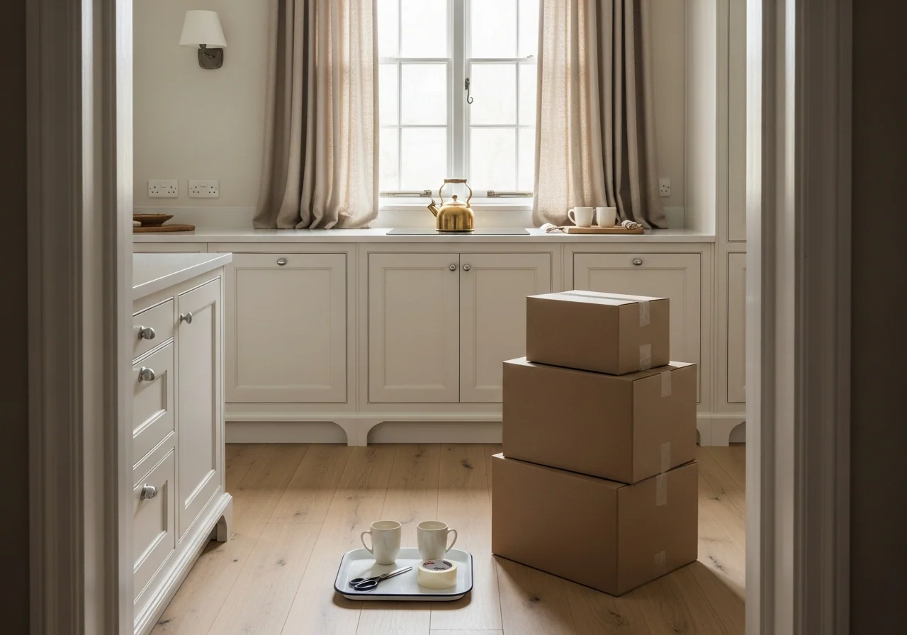 Preview of an interior PDF page — organised moving-day kitchen, sample only.