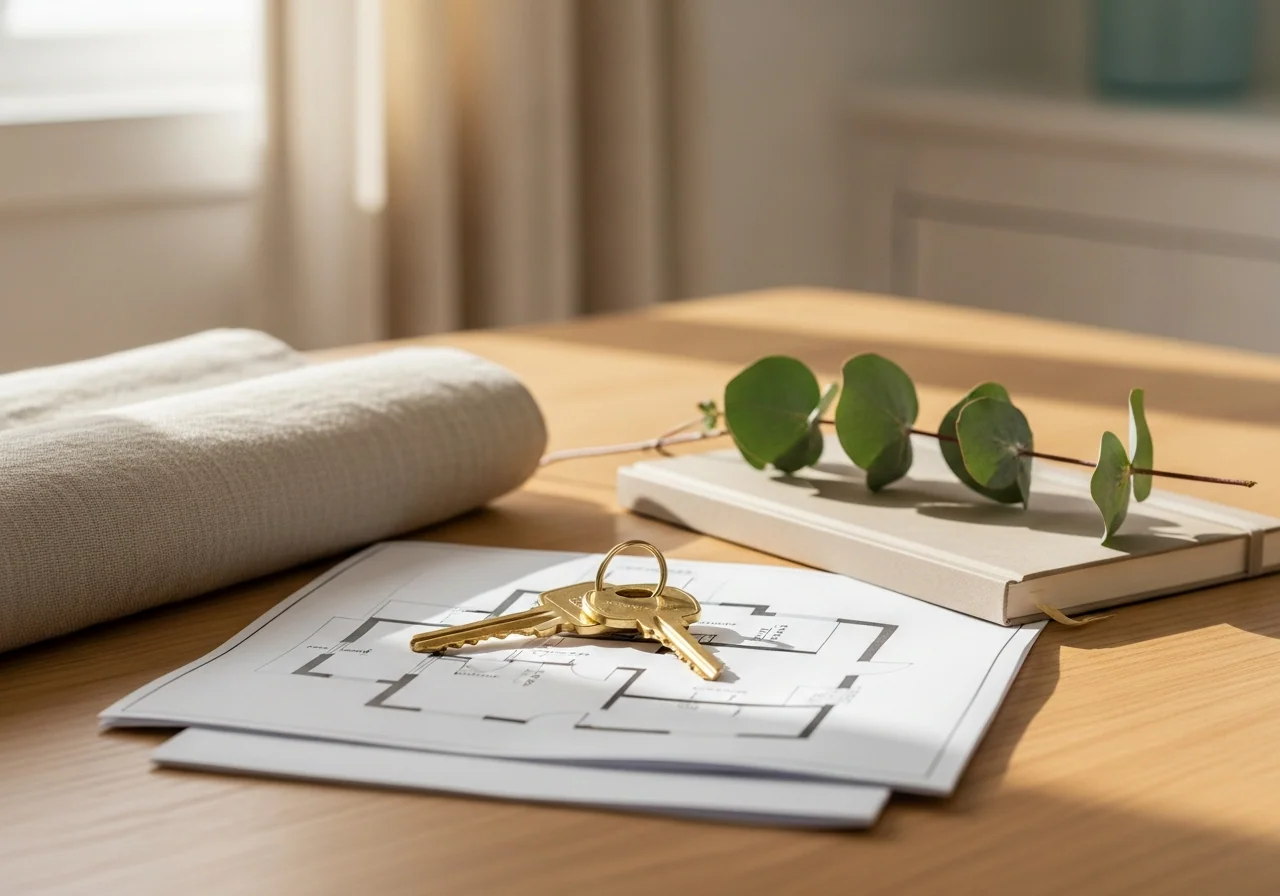 A set of brass house keys resting on a folded paper floorplan beside a small notebook and a sprig of eucalyptus — the organised hand-over moment of a well-planned move.