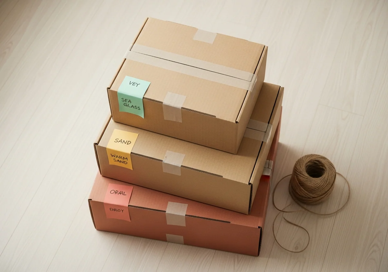 A neatly stacked column of clearly labelled cardboard moving boxes against a cream wall on pale oak floors — the labelled-and-loaded midpoint of an organised move.