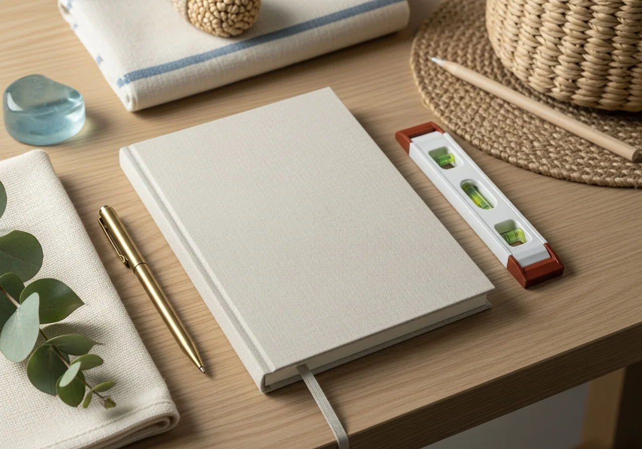 A closed linen-bound logbook on a pale oak workbench beside a brushed brass pen, a small spirit level and a folded drop cloth — services, filter changes and small repairs logged in one place.