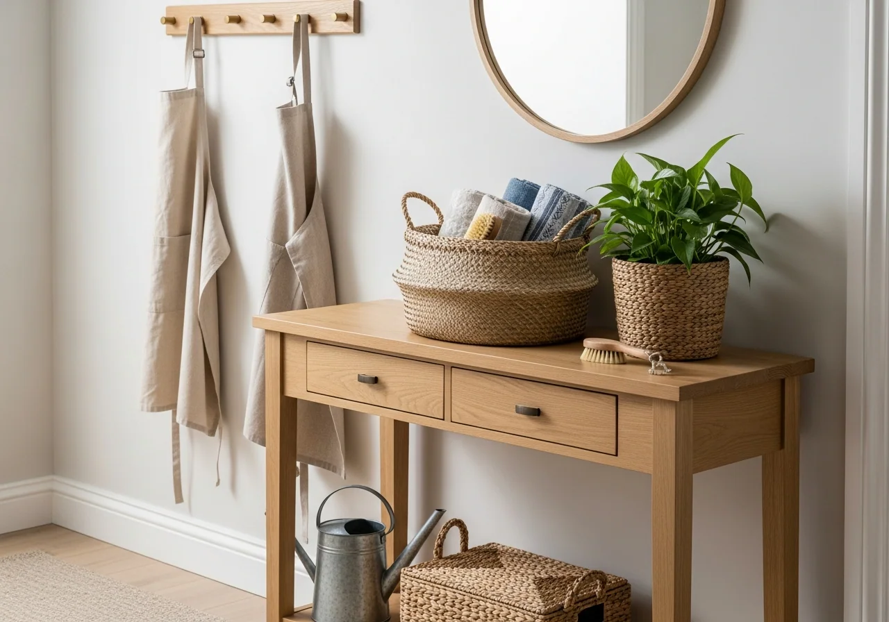 A calm, well-tended new-home hallway corner — a pale oak console with a woven seagrass basket of rolled cloths and a brush, a potted plant, brushed-brass hooks holding a folded apron and a small galvanised watering can on the floor — the steady upkeep of a home properly maintained.