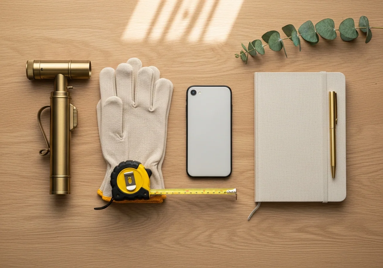 A pale oak surface with a brushed-brass torch, folded canvas work gloves, a tape measure, a phone and a closed blank notebook with a brass pen beside a sprig of eucalyptus — the kit for a twenty-minute quarterly walk-around.