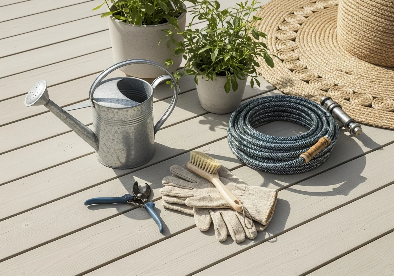 A seasonal home-check scene on a sunny timber deck — a galvanised watering can, secateurs, gardening gloves, a hand brush and a coiled hose with potted greenery — the small seasonal jobs done before storm or wet seasons arrive.