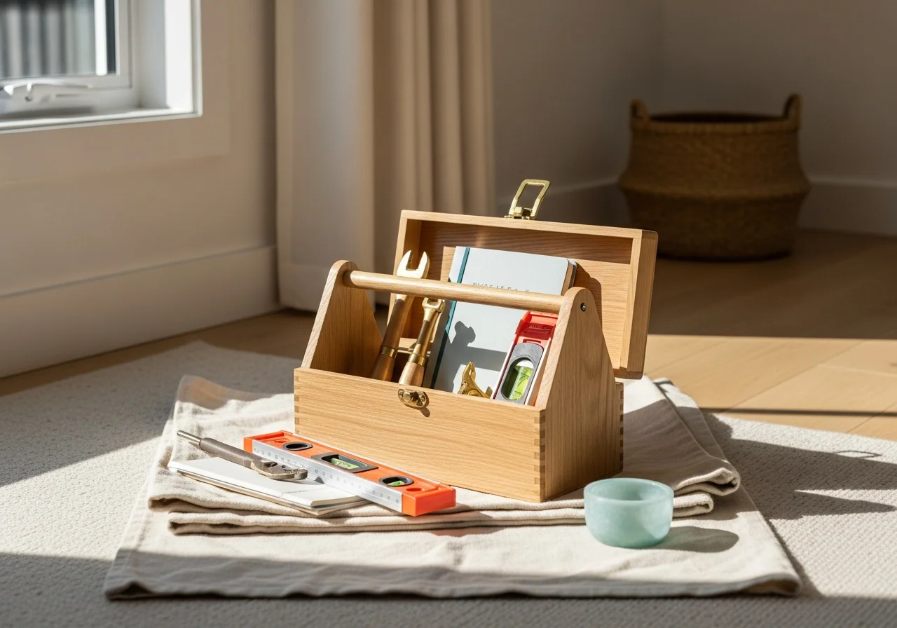 A tidy home maintenance corner with a small labelled toolkit, a folder of warranty documents, and a printed seasonal checklist on a timber bench — the organised first year the maintenance planner supports.