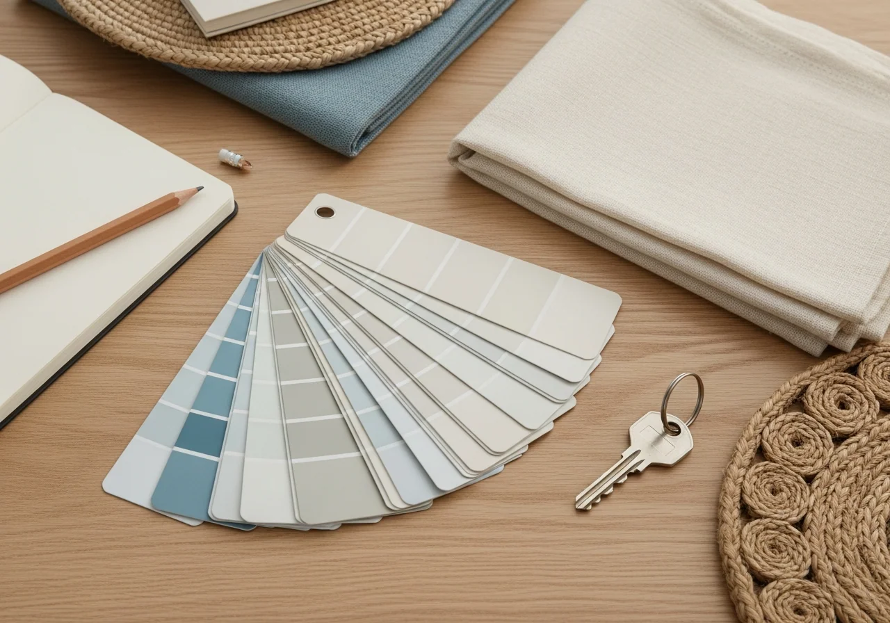 A pale oak table with a fan of plain paint colour chips, a closed notebook, a sharpened pencil, a folded drop cloth and a brass key — planning finishes and tracking follow-ups with builders and trades.