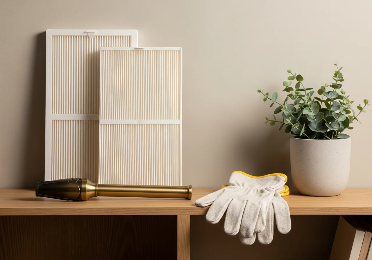 Two plain white pleated air-conditioning filters, a brushed-brass torch and folded canvas work gloves beside a potted eucalyptus on a pale oak shelf — the quiet supplies of a year-round upkeep rhythm.