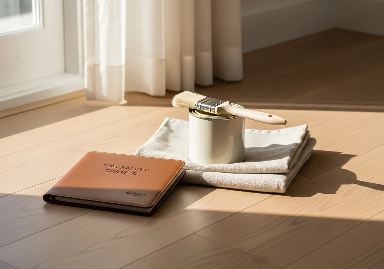 A small can of pale-cream paint and a folded brush on a folded drop cloth beside a leather-bound warranty folio on a pale oak floor — the maintenance file a new home actually needs.