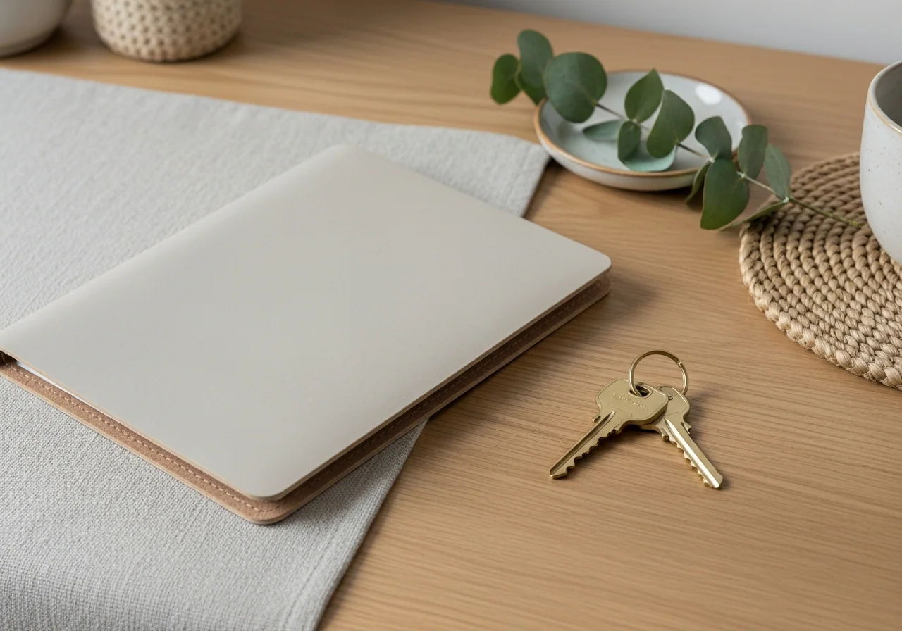 A closed plain leather folio on a pale oak desk beside a set of brushed brass house keys, a ceramic dish and a sprig of eucalyptus — defects, warranty dates and handover details kept in one place.