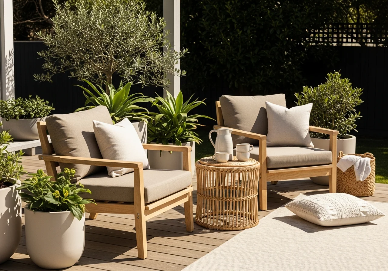 A welcoming backyard living corner — two pale timber lounge chairs with oatmeal cushions around a woven side table holding a ceramic jug and cups, framed by potted greenery on a sunny deck — an outdoor space that actually works for the household.