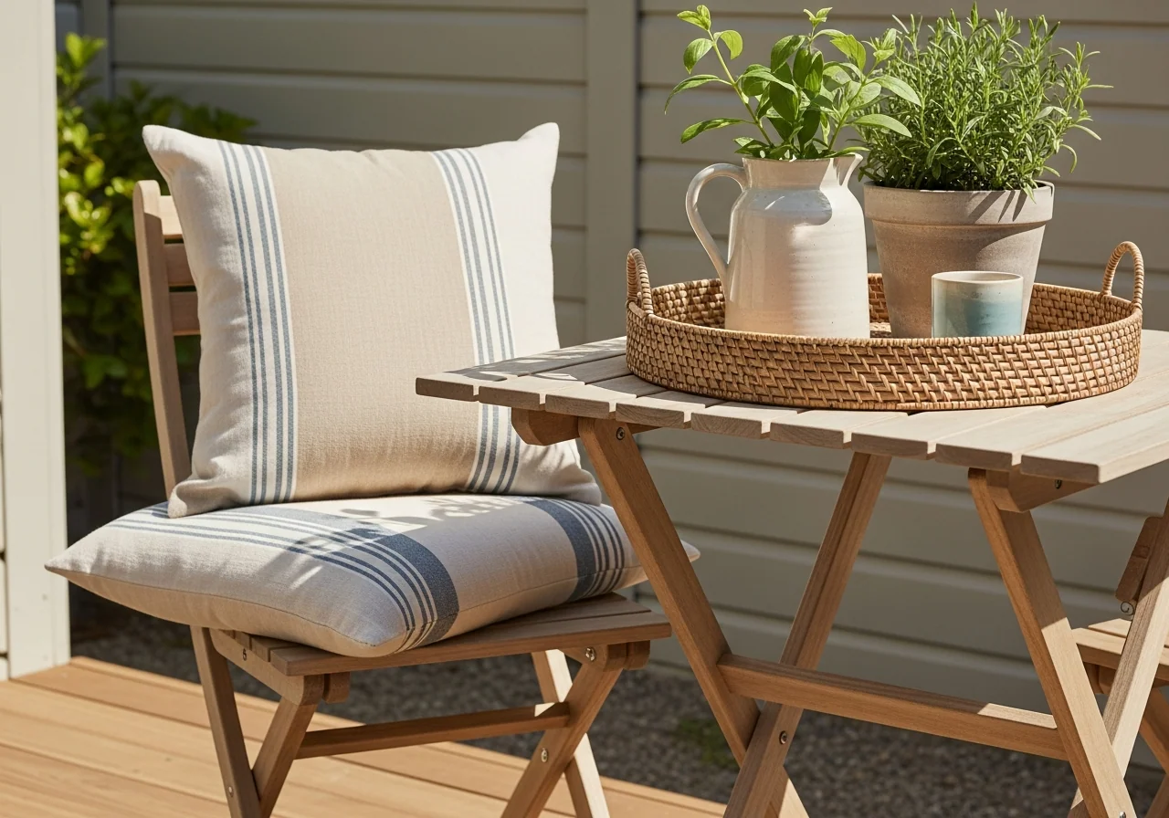 A tidy outdoor patio reset — a pale timber table with a woven tray holding a ceramic jug and potted herbs, and a folded oatmeal-and-sea-glass-stripe cushion on a timber chair — an outdoor zone brought back to calm.