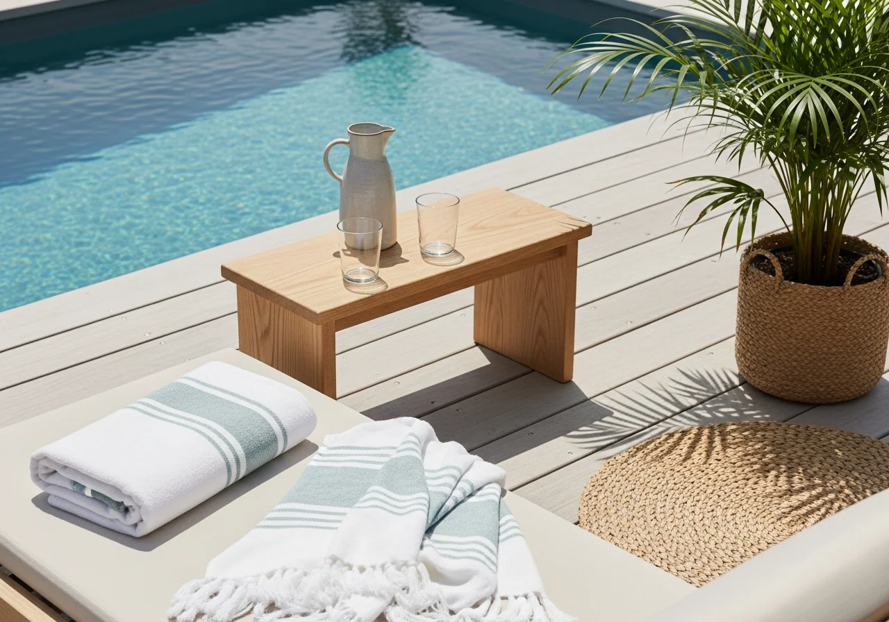 A styled poolside on pale timber decking — a small timber side table with a ceramic carafe and two glasses, neatly folded white-and-sea-glass-stripe towels on a sun lounger and a potted palm — poolside zones kept calm and orderly.