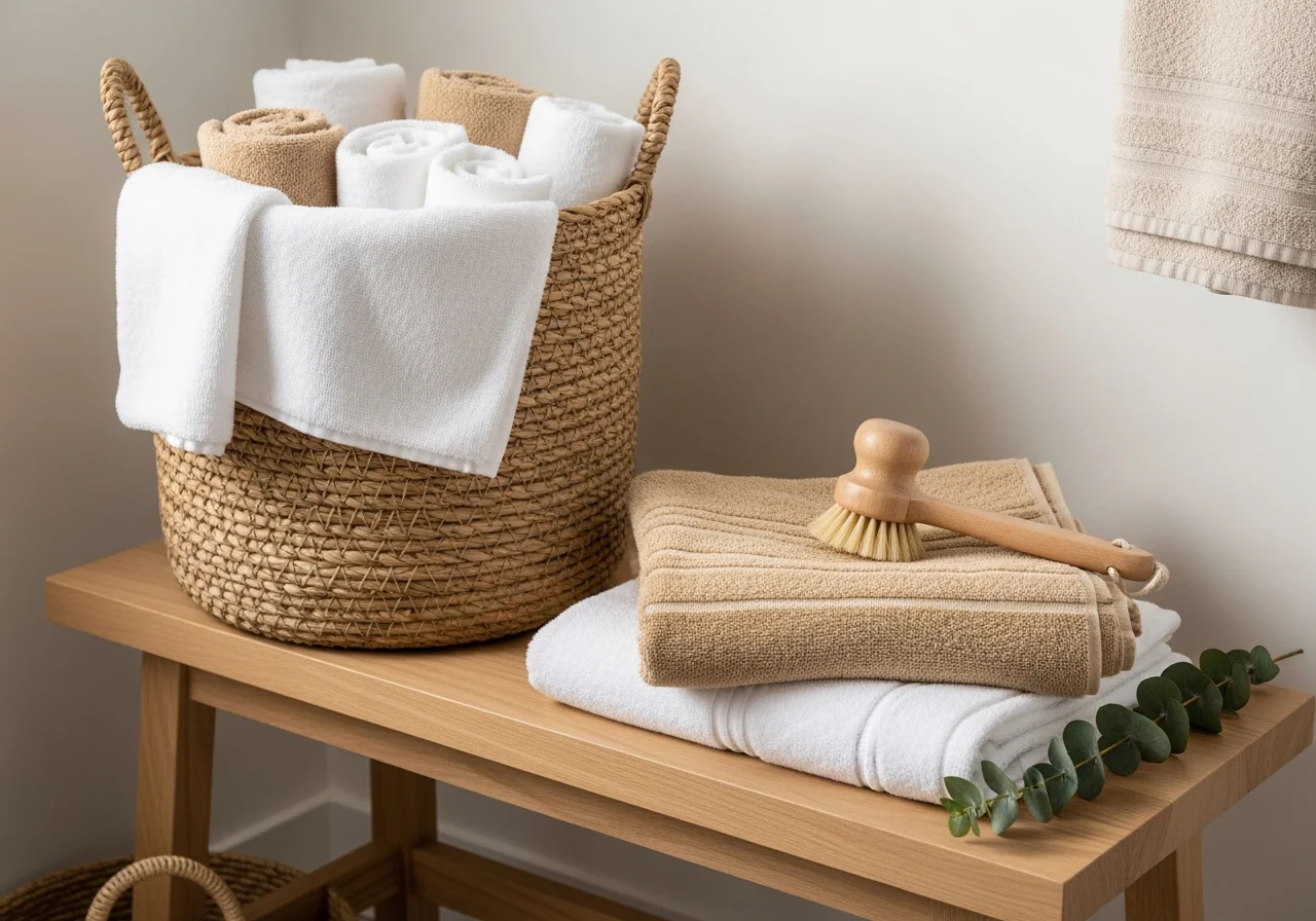 A woven seagrass laundry hamper of neatly rolled white and oatmeal cloths beside a folded stack of fresh towels, a timber clothes brush and a sprig of eucalyptus on a pale oak bench — an everyday laundry routine kept calm and ordered.
