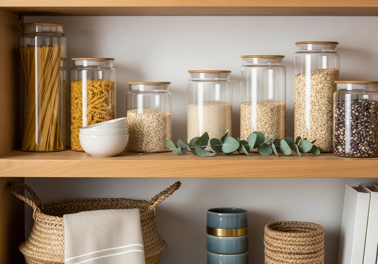 An organised pale oak pantry shelf with plain glass storage jars of pasta, rice, oats and dried beans, a woven seagrass basket, a cream ceramic bowl and a sprig of eucalyptus — a pantry sorted into clear, easy-to-keep zones.