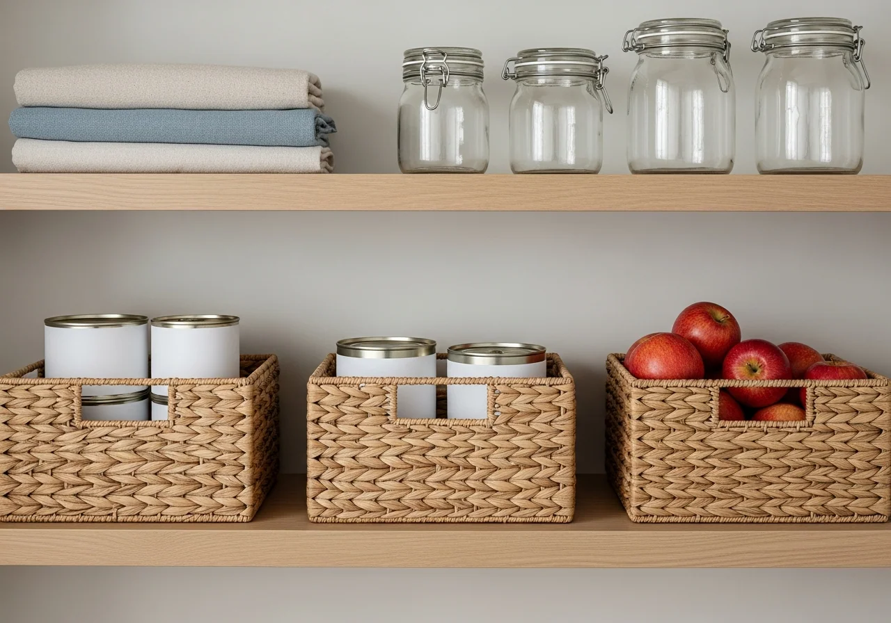 A pale oak pantry restock scene with woven baskets of plain tins and glass jars and a basket of fresh apples arranged front to back for rotation — everyday stock kept moving and visible.