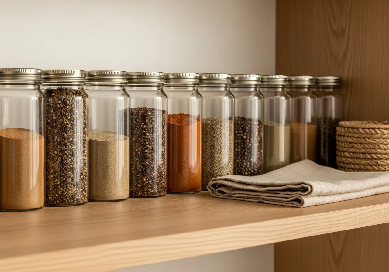 A neat row of identical plain clear-glass spice jars with brushed-brass lids on a pale oak shelf, jars turned to face forward beside a folded oatmeal linen napkin and a small woven seagrass basket — a calm spice-jar reset.