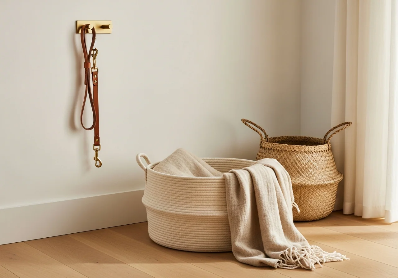 A soft cream pet basket on a pale oak floor with a folded oatmeal blanket inside and a leather pet leash hung on a brushed brass hook above — the settled corner an organised home gives a pet.