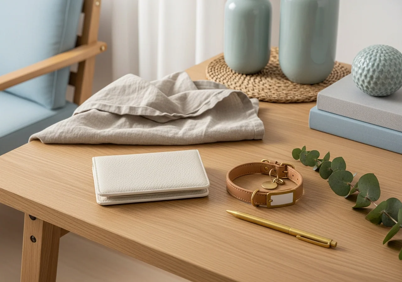 A calm pet-care corner on a pale oak table — a plain cream leather wallet, a tan leather collar with a small brushed-brass tag, a slim brass pen and a sprig of eucalyptus — a pet's records and essentials kept together.