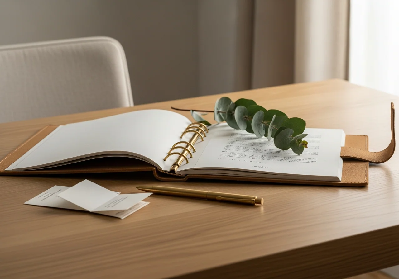 A leather-bound document folio open on a pale oak table beside a brass pen and a small folded paper card — pet records kept ordered.