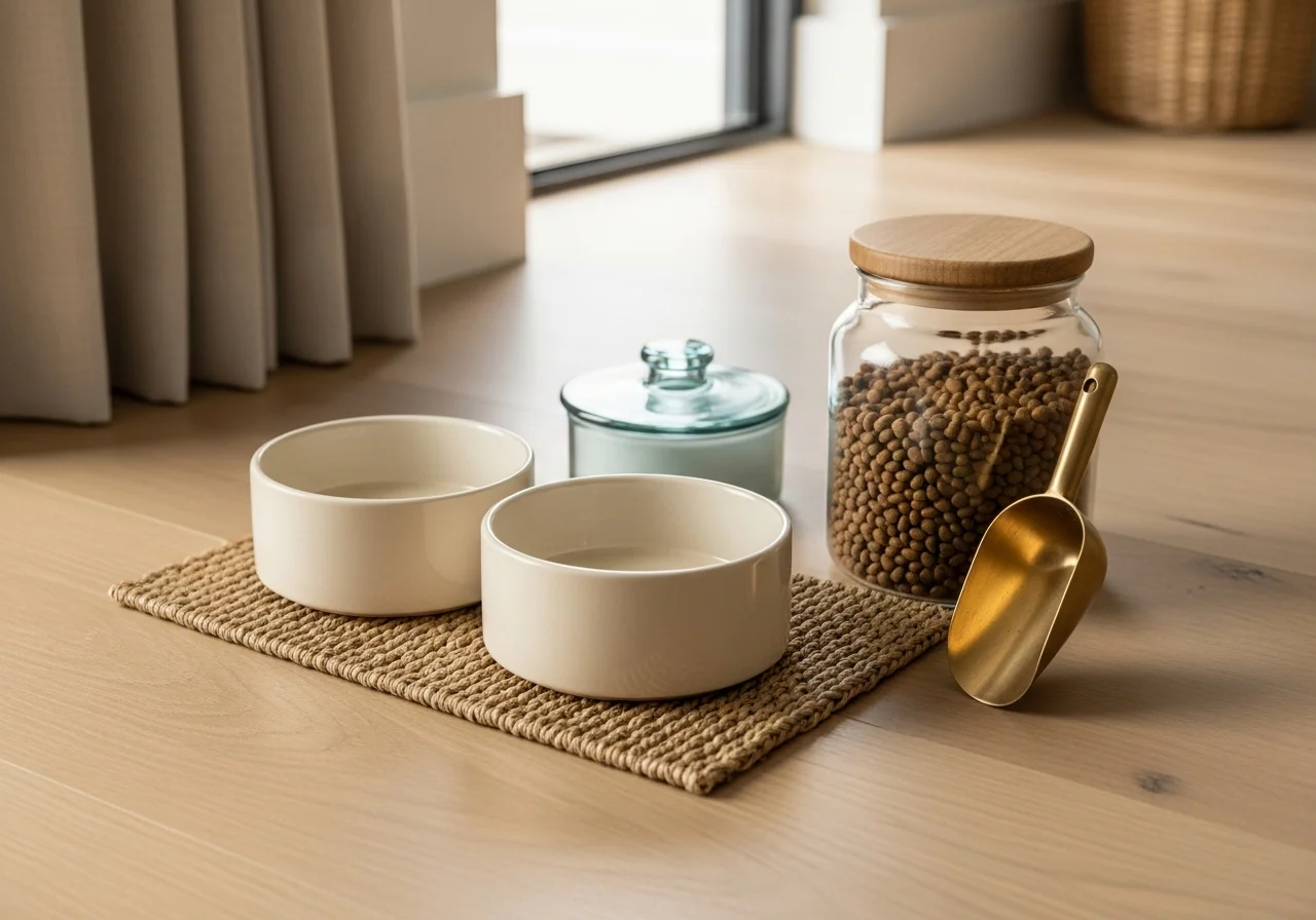 A small pet feeding station — two cream ceramic bowls on a woven seagrass mat beside a glass jar of dried pet food and a brass scoop — the settled feeding routine a pet recognises in an organised home.