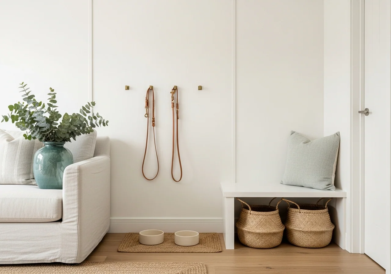 An entryway nook for a multi-pet household — two tan leather leashes on brushed-brass hooks, two woven seagrass baskets and two cream ceramic bowls on a jute mat.