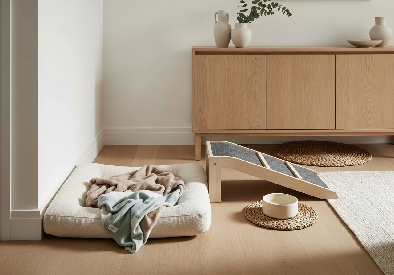 A cosy resting corner for an older pet — a soft cream padded bed with a folded oatmeal-and-sea-glass blanket, a low pale-timber ramp and a small ceramic water bowl on a woven seagrass mat.