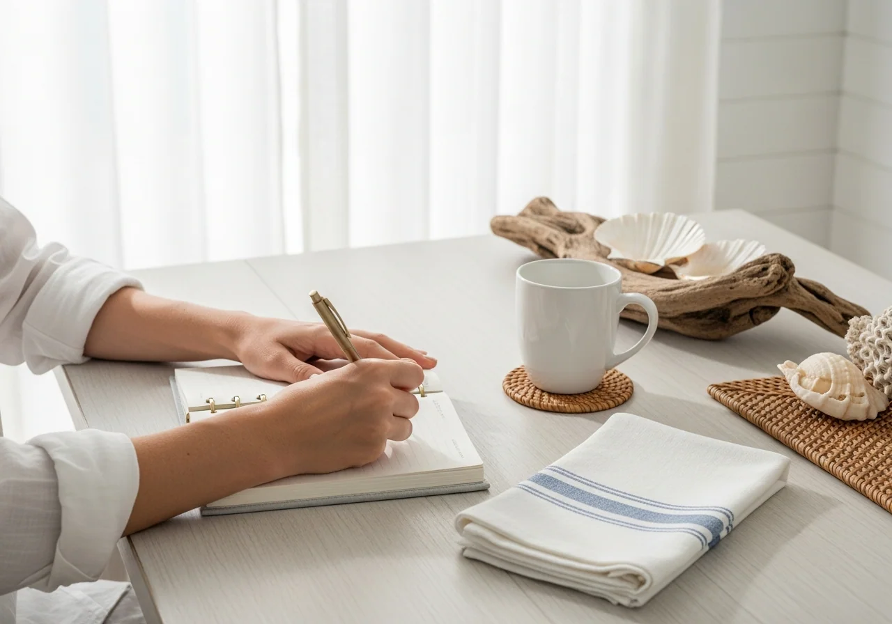 An open Drift & Dwell printable planner on a pale oak desk with a pen, a cup of tea and a sprig of eucalyptus — the calm starting point of a simple home reset.