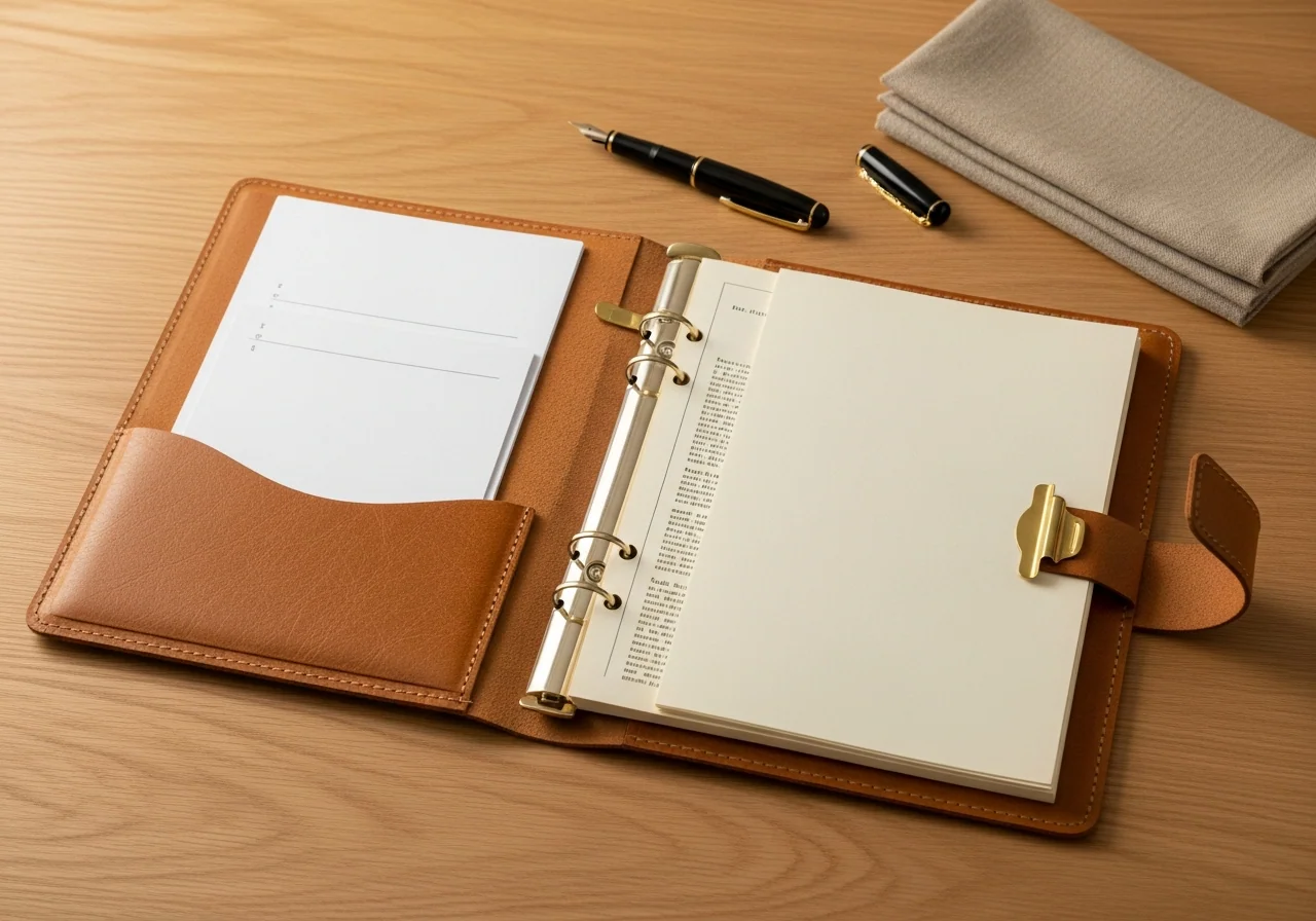 An open leather-bound document folder on a pale oak desk with a brass clip, fountain pen and folded checklist — the resilience plan a household reaches for when life shifts.