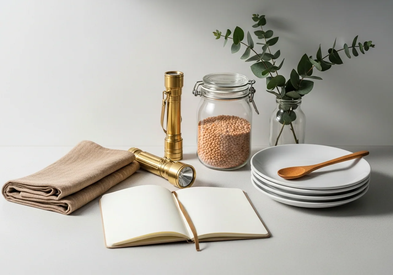A clear kitchen bench with a linen tea towel, a blank notebook and a small glass jar — the calm end-of-day reset a household lives by.