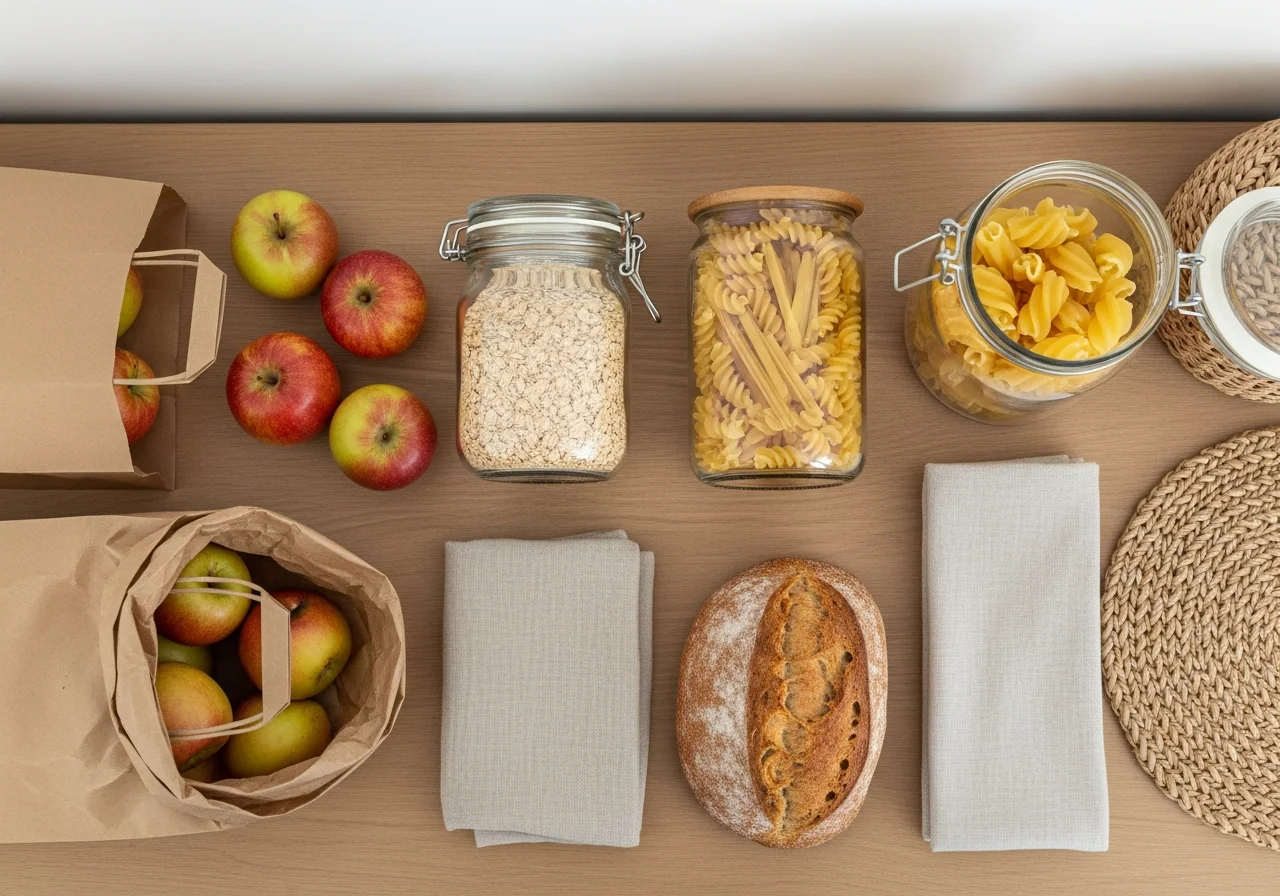 A budget grocery haul on a pale oak counter — brown paper bags, fresh apples, a plain jar of oats, a rustic loaf and dried pasta — sensible readiness bought without overcommitting the budget.