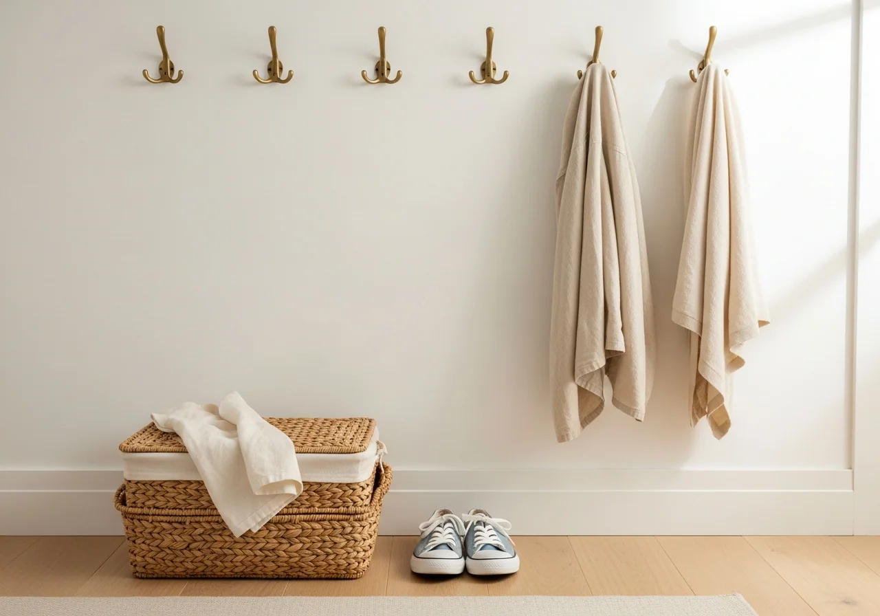 A calm, decluttered entryway with a single woven basket, a row of wall hooks holding one coat, and a small tray for keys in soft natural light — the gentle outcome the decluttering planner is built around.