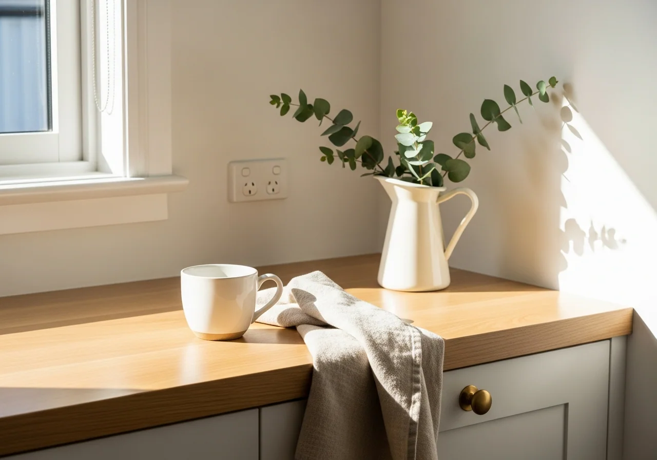 A freshly tidied kitchen bench with a clear timber surface, a sage ceramic jug, a folded linen tea towel and a small bowl of lemons in soft coastal light — the calm result the Coastal Home Reset System helps you reach.