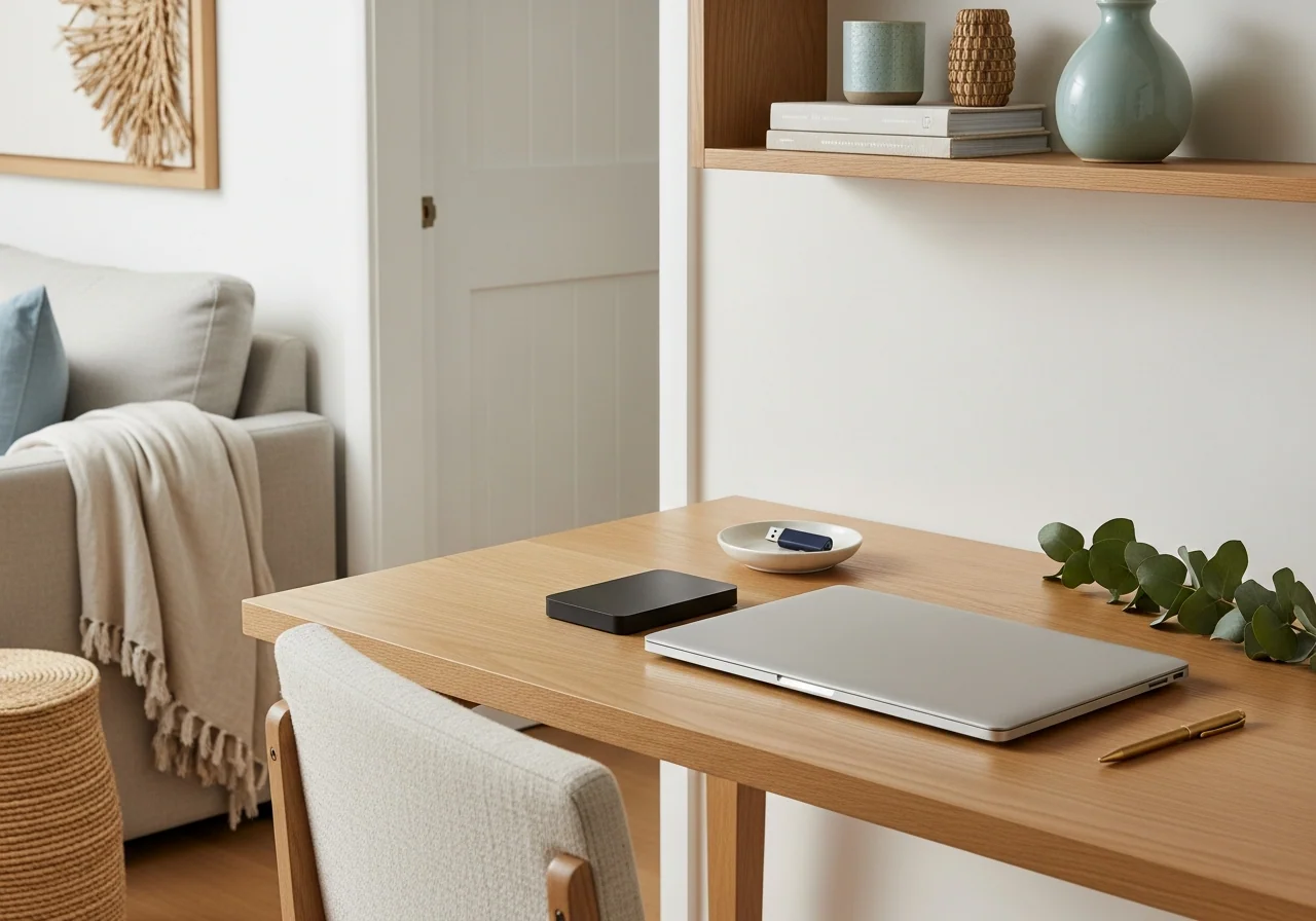 A tidy desk with a closed laptop, a small external hard drive and a USB flash drive in a ceramic dish beside a brass pen and a sprig of eucalyptus — a home digital-backup setup.