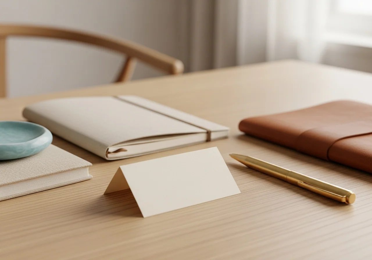 A small cream paper emergency-contact card on a pale oak table beside a brass pen, a folded notebook and a leather-bound folio — household contacts in clear sight.