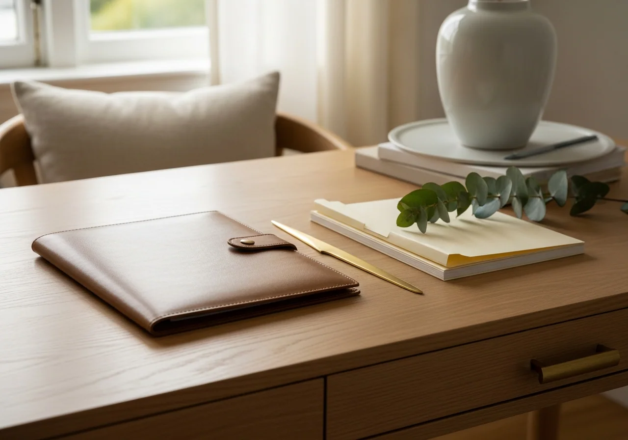 A calm desk with a labelled document folder, a printed records checklist, and a pen on warm cream linen in soft light — the organised life admin the documents bundle helps you set up.