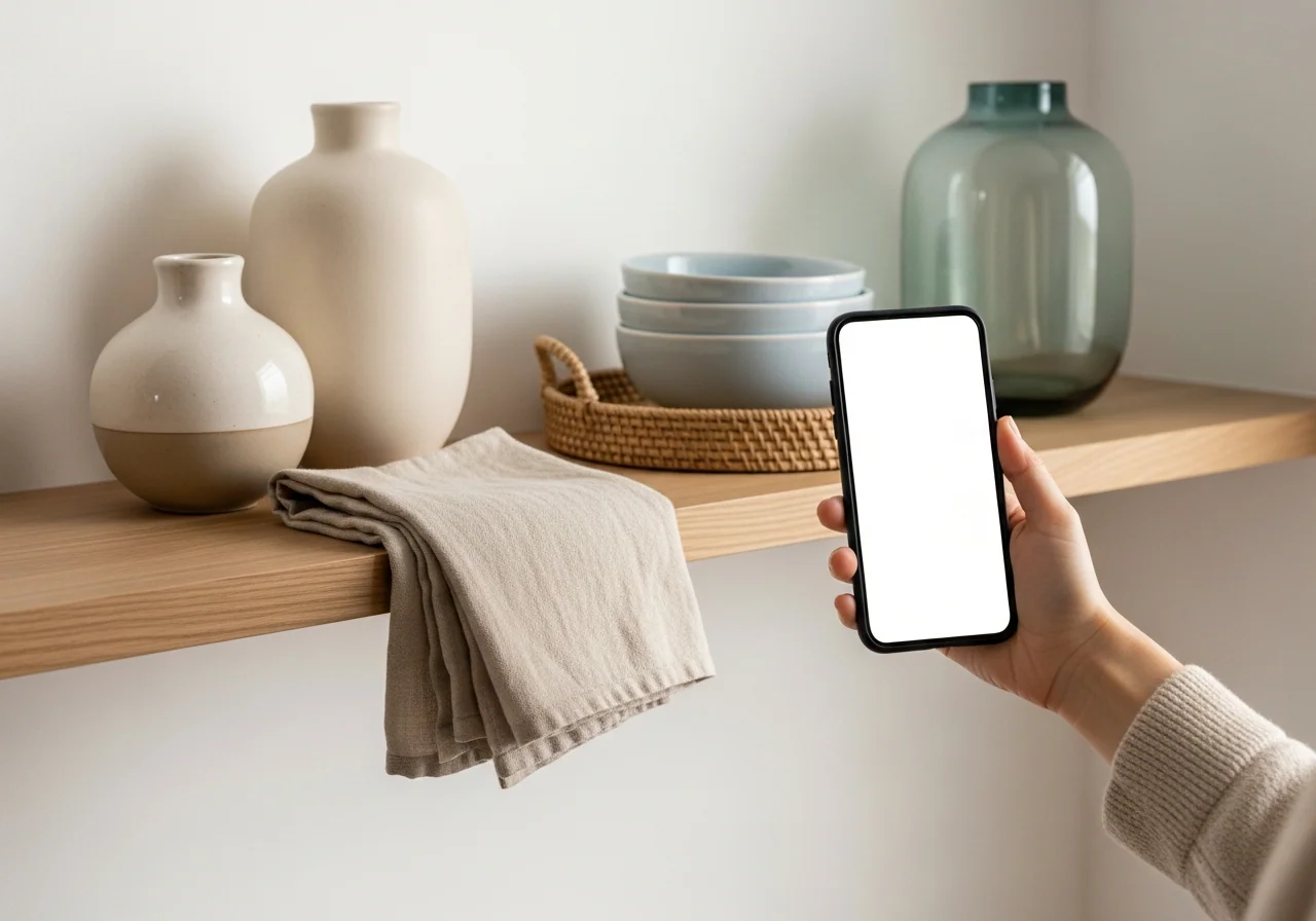 A hand holding a phone, its plain back to the camera, photographing a pale-oak shelf of cream ceramics and a sea-glass vase — documenting belongings for home insurance records.