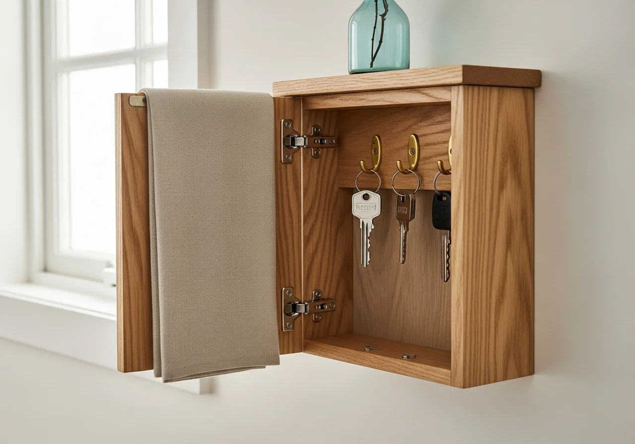 A small wall-mounted timber key cabinet open against a soft white wall with several keys hung neatly on brass hooks inside — important household access, in order.