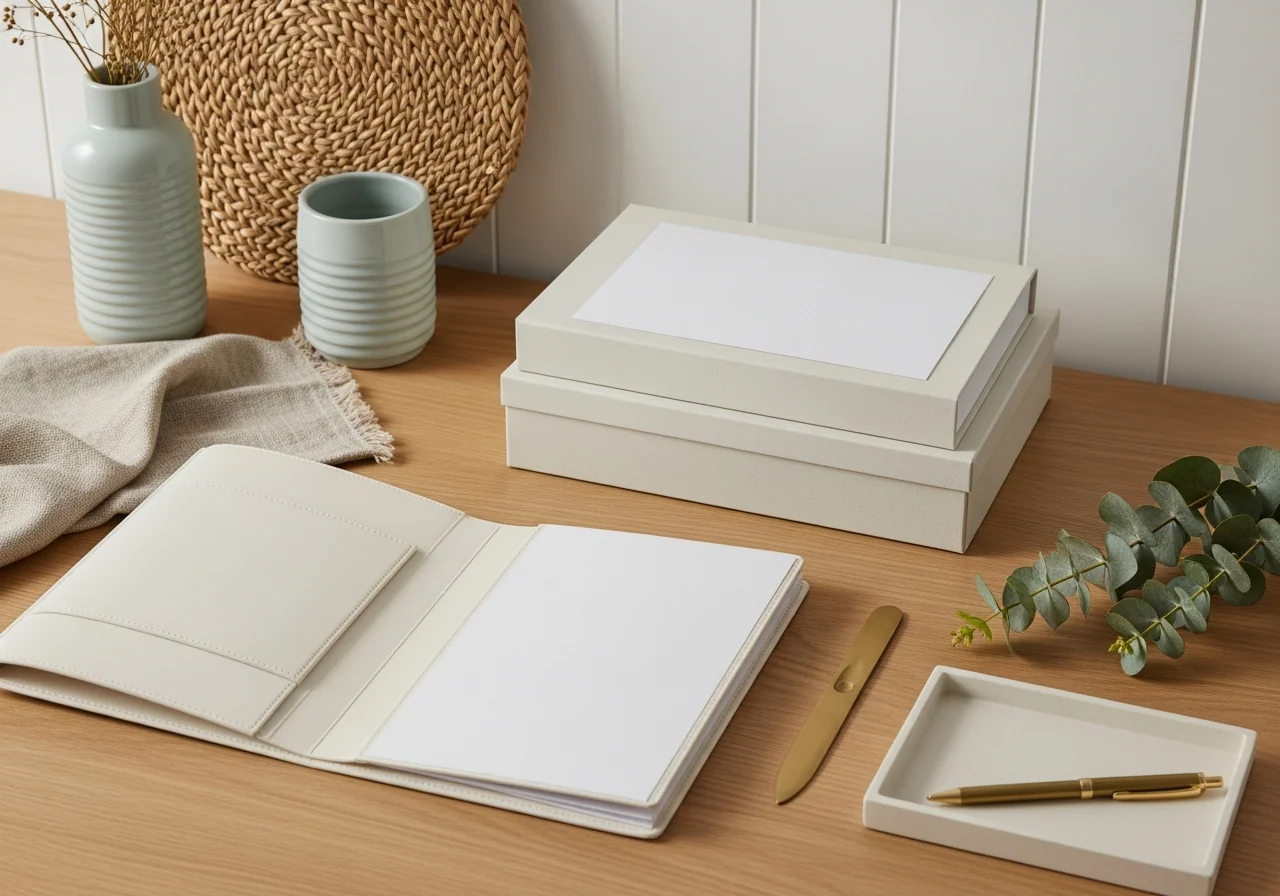 A calm life-admin desk corner — a plain cream leather folio, two cream document boxes, a brushed-brass letter opener and a pen tray with a sprig of eucalyptus on pale oak.