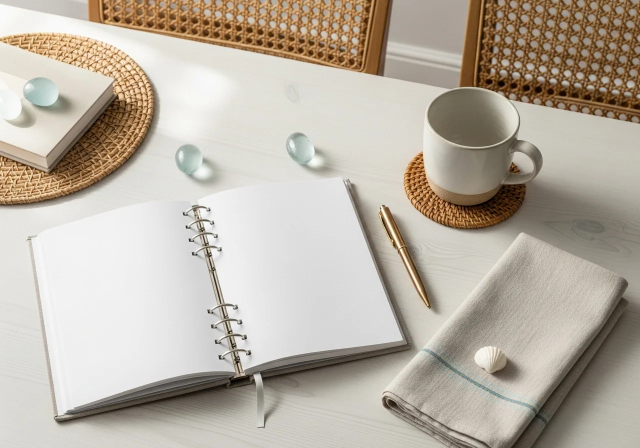 A Hamptons-style sunlit room with an open linen-bound notebook, sage ceramic mug of tea, eucalyptus and olive sprigs, brass paperclip, folded oatmeal linen napkin and a woven rattan tray on a pale oak desk.