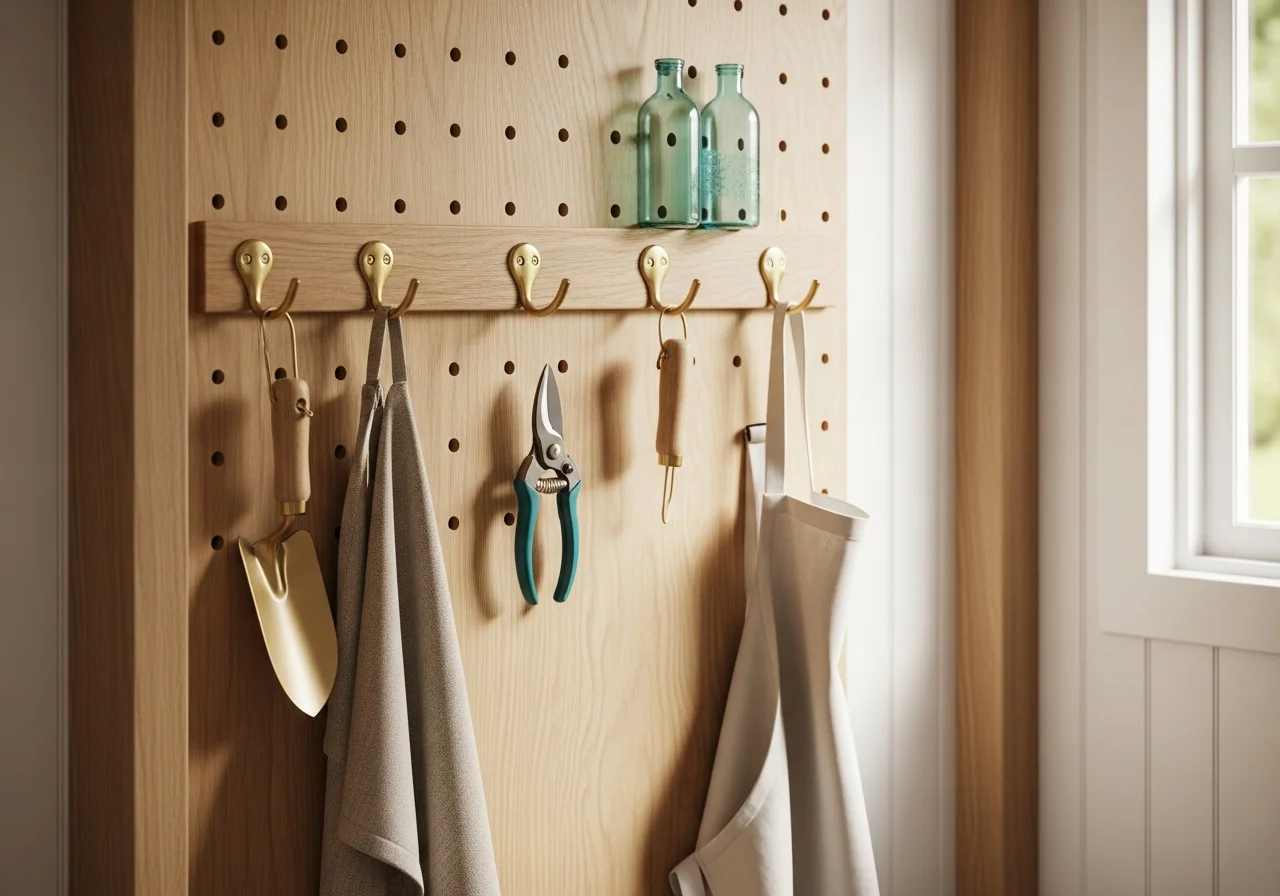 A timber pegboard wall in an organised garden shed with brushed brass hooks holding a small trowel, secateurs and a folded apron — outdoor zones well-considered.