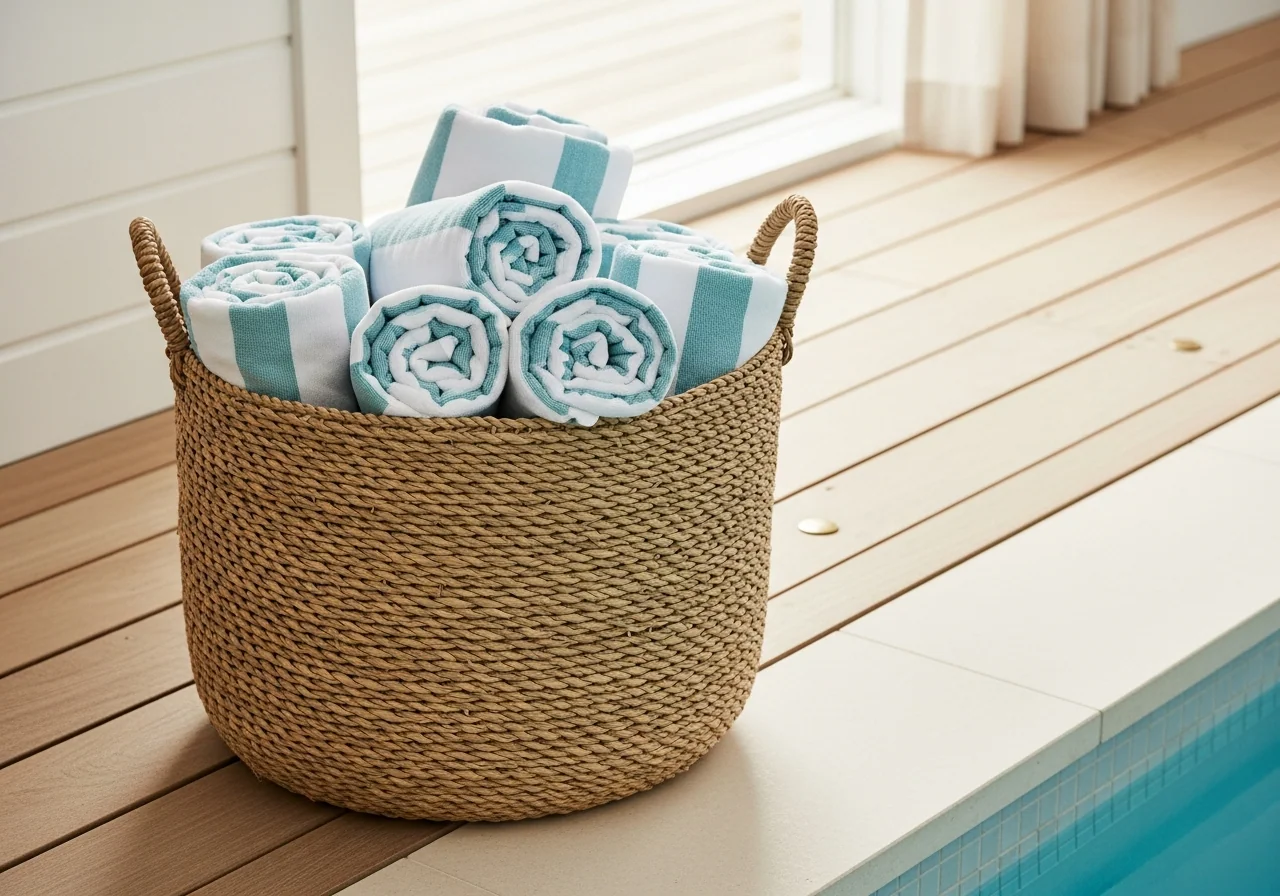 A large woven seagrass basket beside a pool's edge holding rolled white and sea-glass-stripe pool towels on pale timber decking — outdoor zones kept storm-ready.