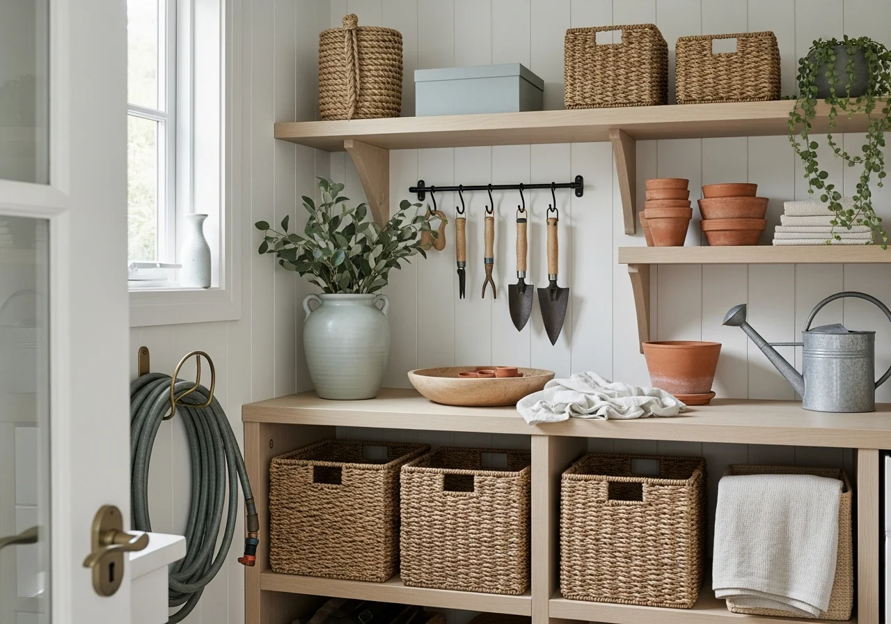 An organised garden shed — pale timber shelving with woven seagrass baskets and terracotta pots, hand tools on simple hooks, a coiled hose and a galvanised watering can.