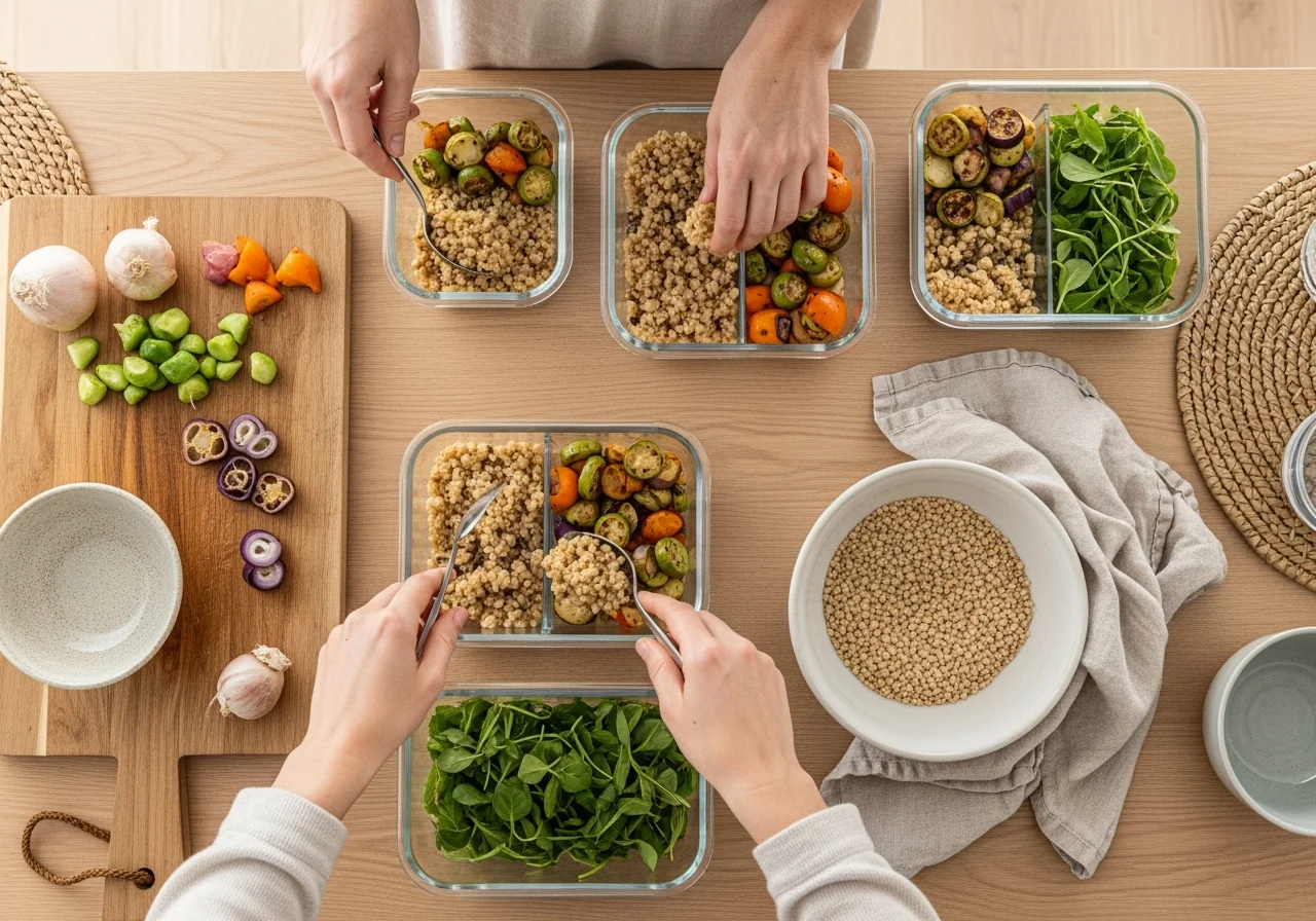 An overhead batch-cook scene on a pale oak counter — glass containers being portioned with cooked grains, roasted vegetables and fresh greens beside a wooden board and a bowl of grains — meal prep built around a rotating roster.