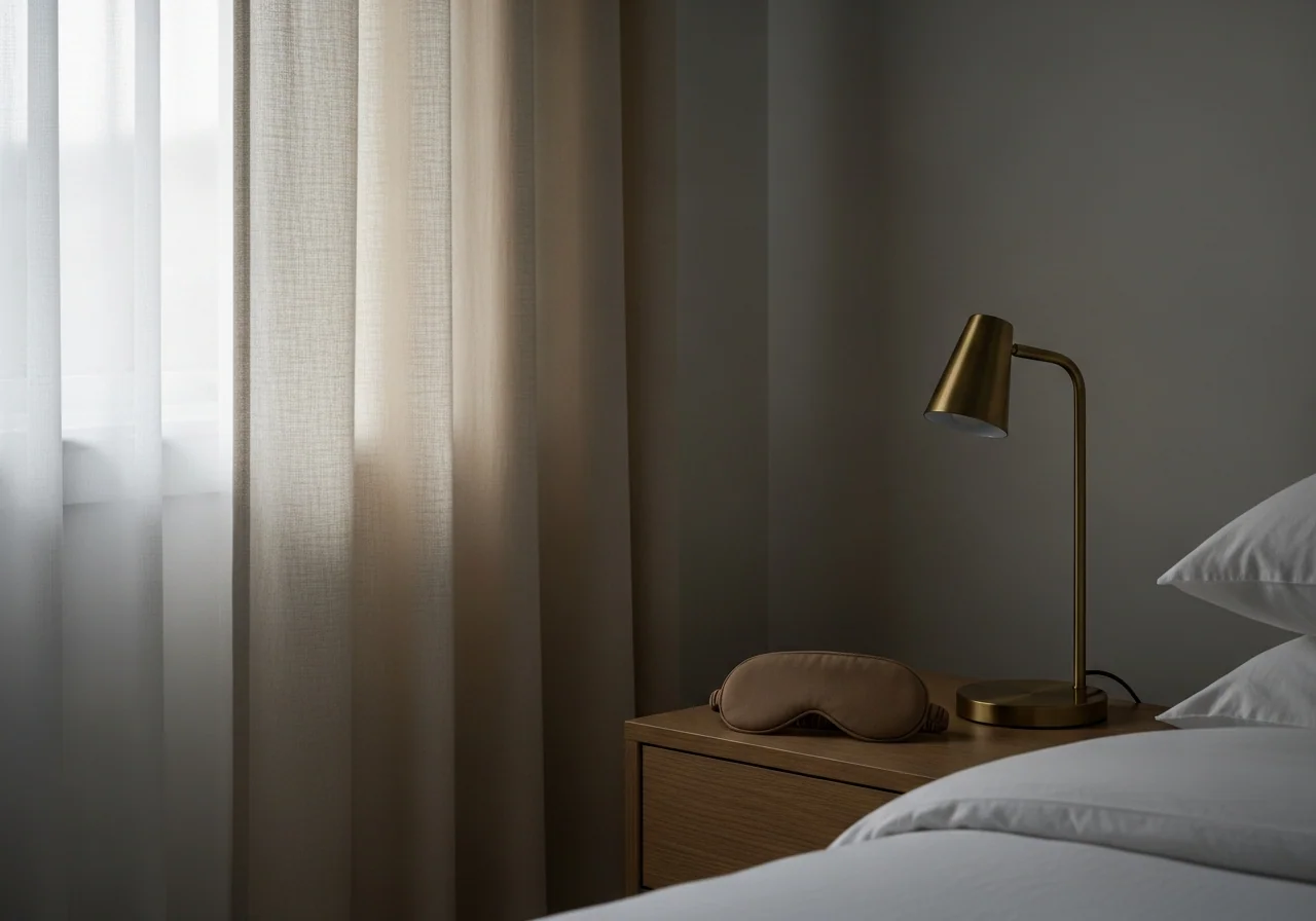 A restful bedroom set up for daytime sleep with blockout curtains drawn, a small fan, an eye mask on a cool grey bed, and a do-not-disturb note on the door — the calm shift-work home the bundle helps you build.