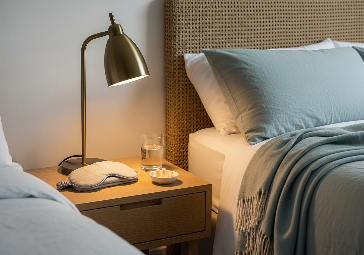 A restful bedside reset in a dim bedroom — a warm brushed-brass lamp, a folded oatmeal sleep mask, a glass of water and earplugs in a small dish on a pale oak bedside table.