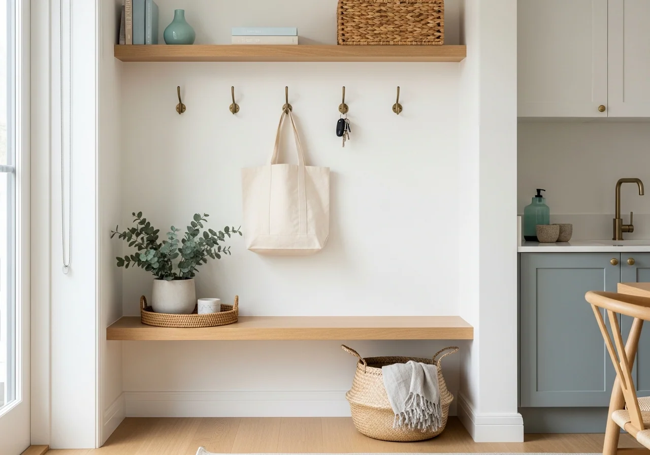 A tidy household coordination nook — brushed-brass wall hooks holding a canvas tote and keys above a pale oak floating shelf with a potted eucalyptus and a woven tray.