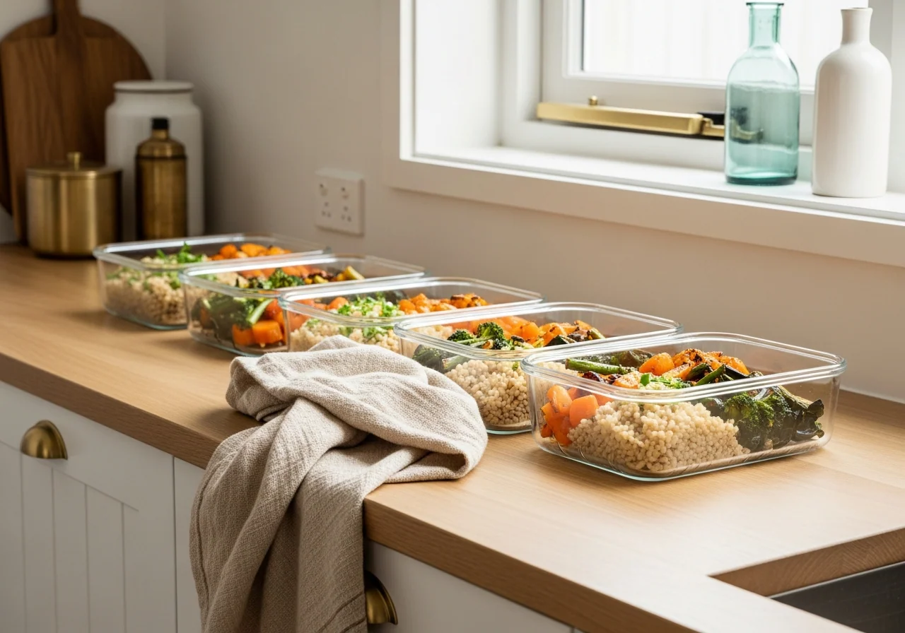 A row of glass meal-prep containers with cooked grains and roasted vegetables, neatly arranged on a pale oak counter — meal prep that holds steady through a rotating roster.