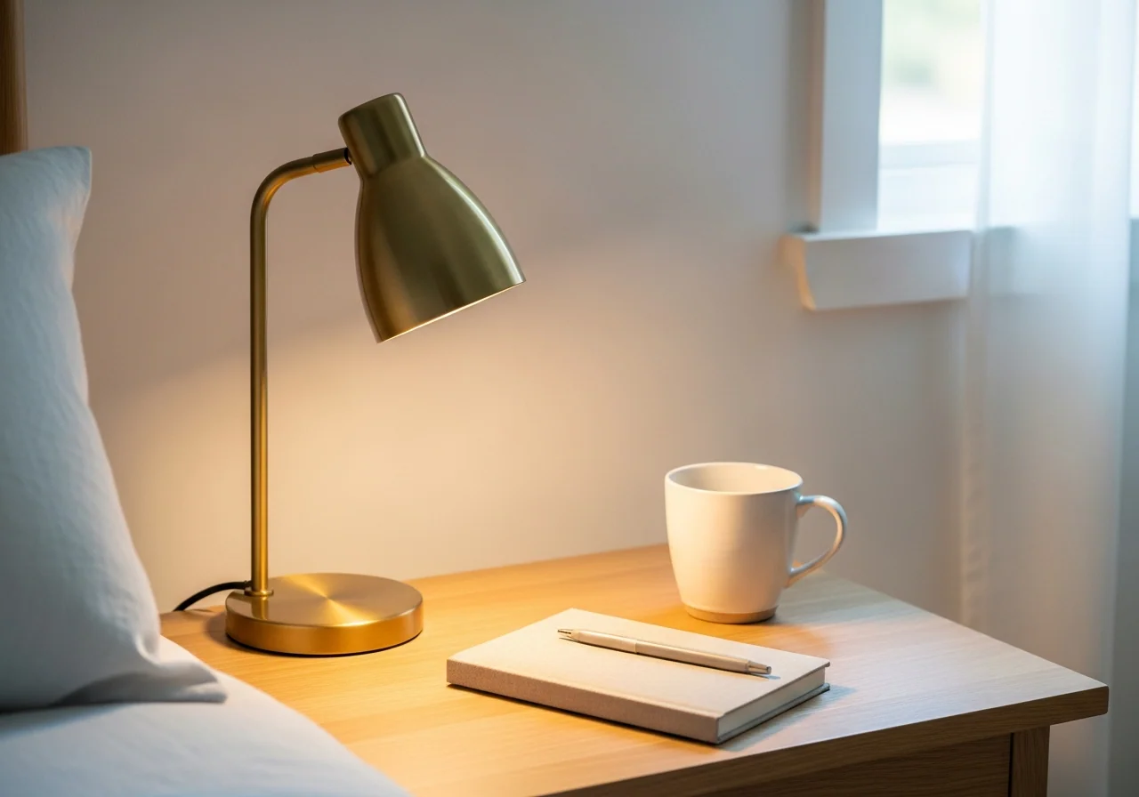 A small brass bedside lamp glowing clearly beside a closed linen-bound journal on a pale oak table — the structured pre-shift moment that keeps a shift-worker home running.